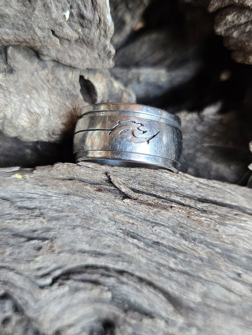 Men's Silver Tone Stainless Steel Tribal Wave Spinner Ring